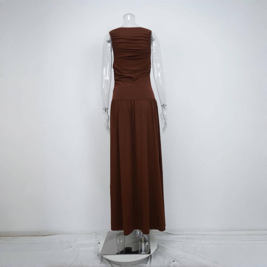 LYRIA Elegant Sleeveless Maxi Dress for Women Fashion Solid Boat Neck Tank Dresses Ladies Sexy Ruched Long Dress New Gown