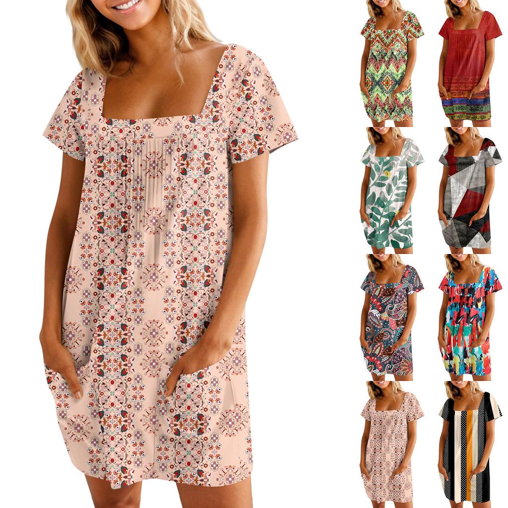 Women's Summer Casual Square Neck Pleated Front With Pocket Printed Short Sleeve Dresses