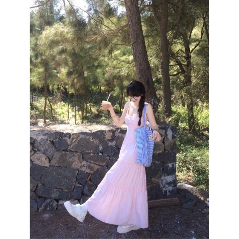 

Kumikumi Gentle Sweet Girl Style U-Collar Pink Strap Dress Women s Summer Silm Slimming A- line Skirt Long Dress Pink L
