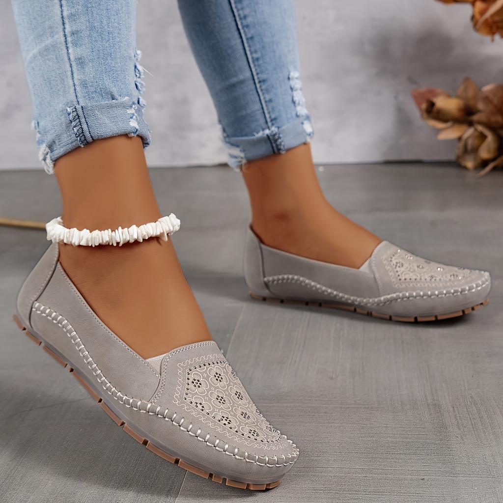 Vintage Floral Pattern Lightweight Crystal Embellished Women's Slip-On Loafers, with Soft Stitching, TPR Sole and Fabric Insole - Polyurethane Upper