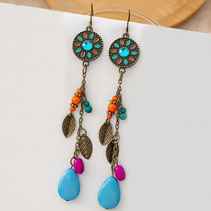 

Bohemian Style Dangle Earrings with Leaf Charms Beaded Accents and Teardrop Pendants Lightweight Vintage Inspired Jewelry for Women One Size