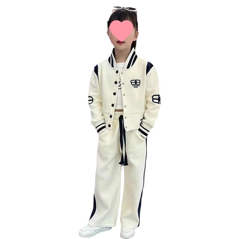 2024 Kids' Korean Style Letter Color Block Cardigan and Pants Set - Casual Fashion for Middle and Big Kids