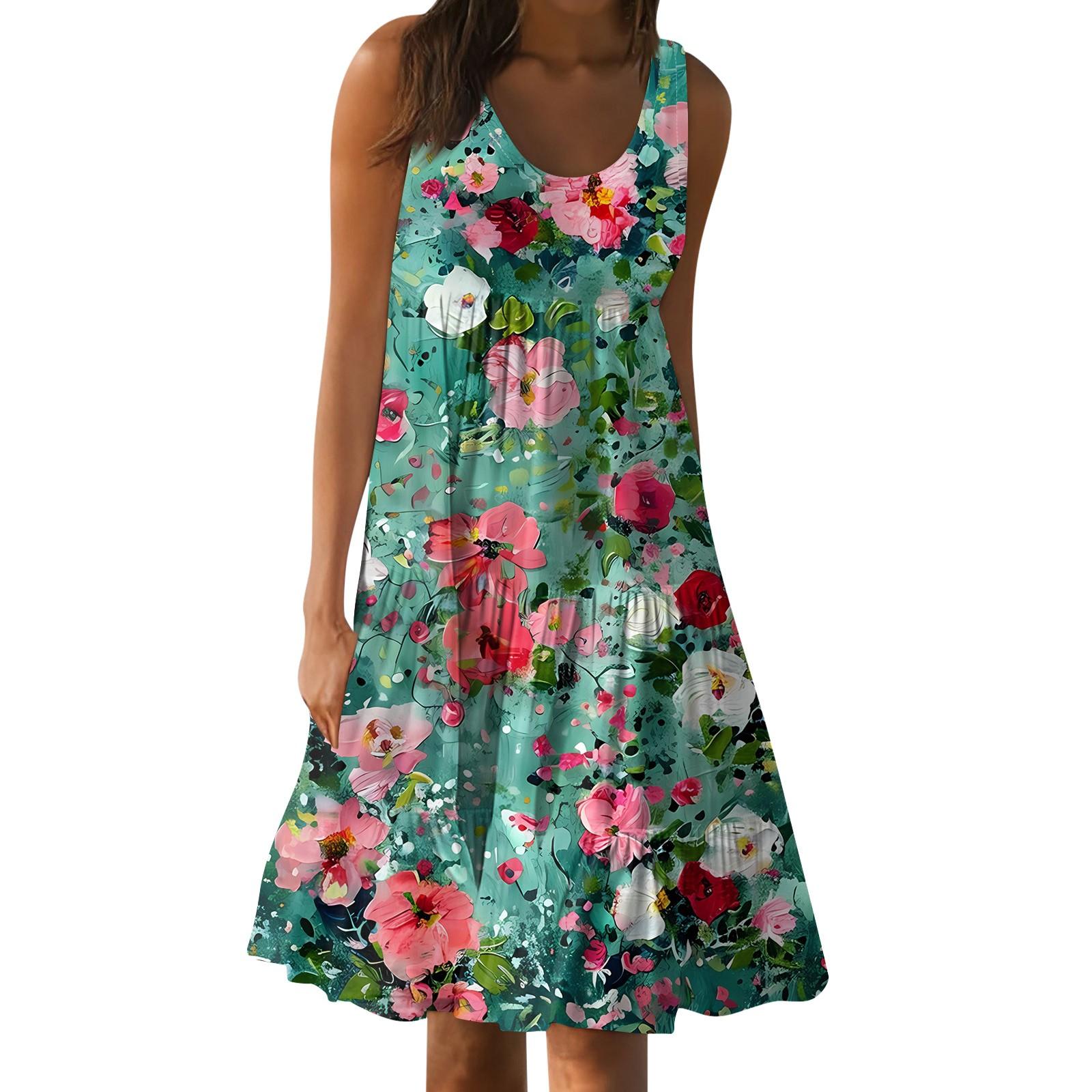 

Гавайское платье для женщин, летние весенние плиссированные богемные платья, милые струящиеся пляжные платья без рукавов, прямые платья-майки, платья с круглым вырезом XXL