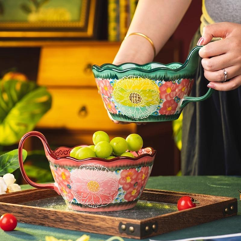 1000ml Wave Bowl Shaped Ceramic Soup Bowl with Loop Handle,Green and Pink Polish Pottery Mug, Great  for Breakfast,Salad,Fruits,Yogurt,Snack,Chip,1pc