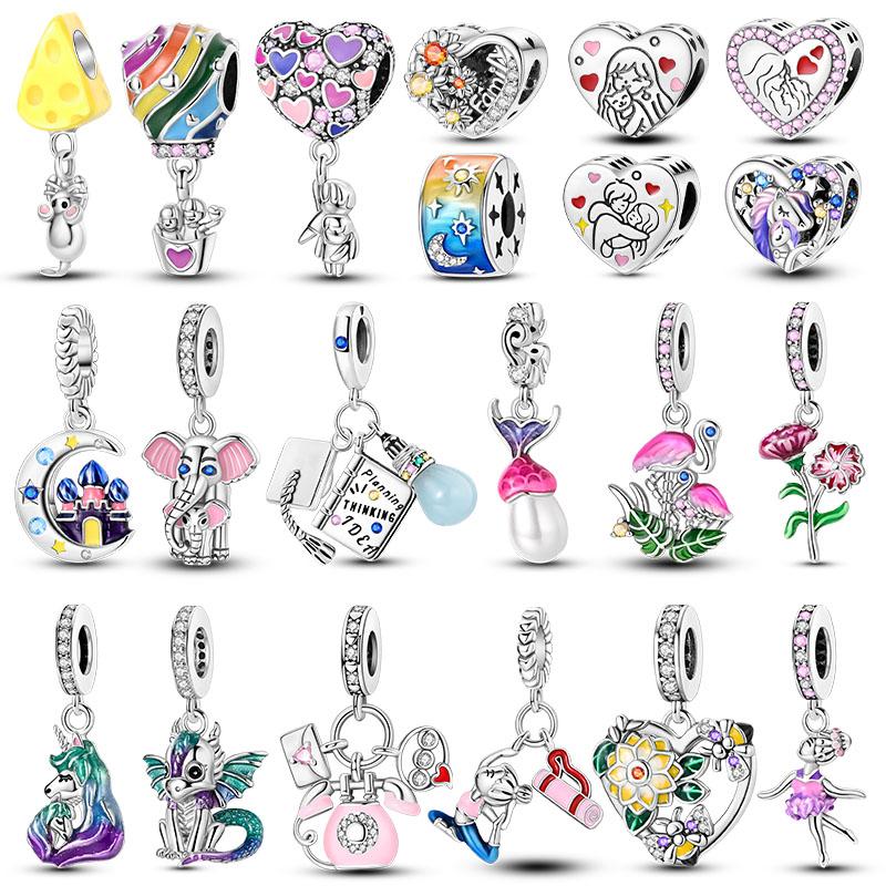 Copper Plated Charms Beads Heart Shape Balloon Carnation Pendant For Woman Fit Original Bracelet Jewelry Making