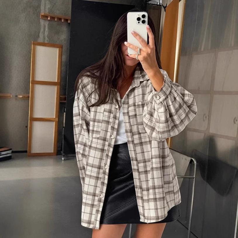 Frühling und Sommer klassisches Retro-Karopartiehemd Damen locker Streetstyle Karopartie Oberteil Freizeit Damenbekleidung