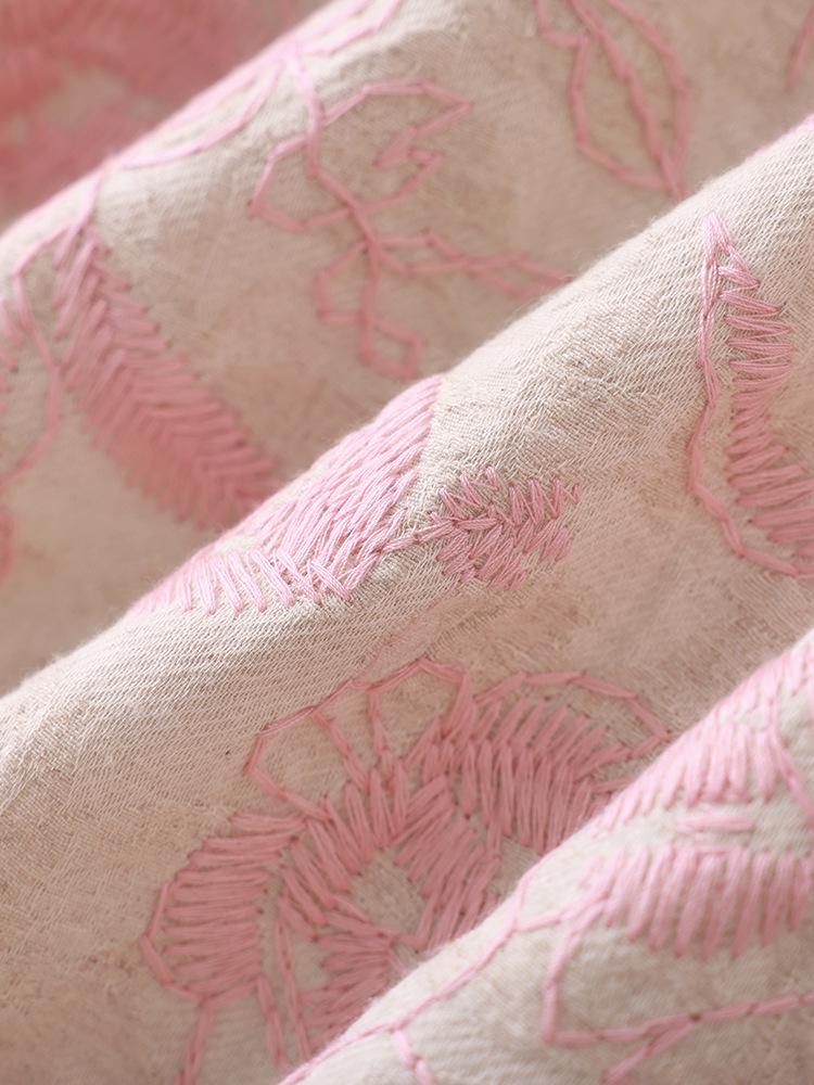 Nanyou Elegant Embroidered Jacquard Linen A-line Dress with Waist-cinching Short Sleeves for Spring/Summer Style