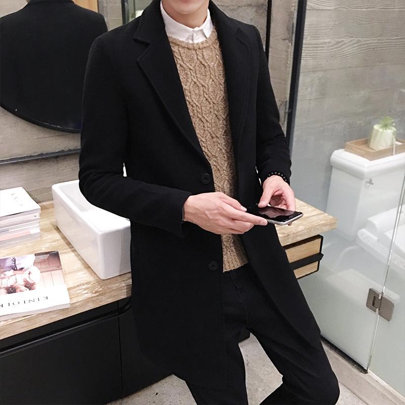 Men's Autumn Winter Wool Trench Coat, Korean Style Slim Fit, Mid-Length, Thickened for Warmth