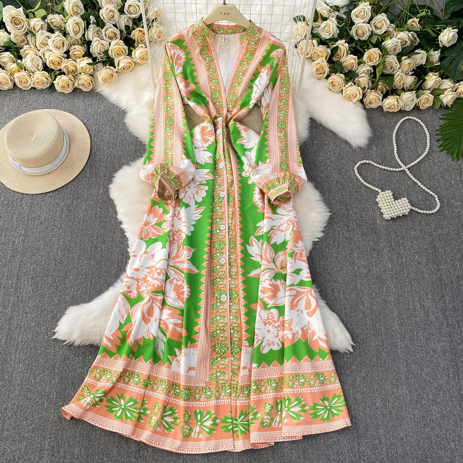 

Весна Осень Женские Винтажные Платья с Принтом с Подиума V-образный вырез Длинный рукав Однобортное Длинное Макси Праздничное Платье XXL розовый зеленый