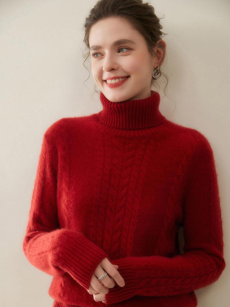 Women's High Neck Cashmere Jacquard Sweater - Autumn/Winter, Seven Gauge, Thick, Loose-Fit Knit, Versatile Base Layer.