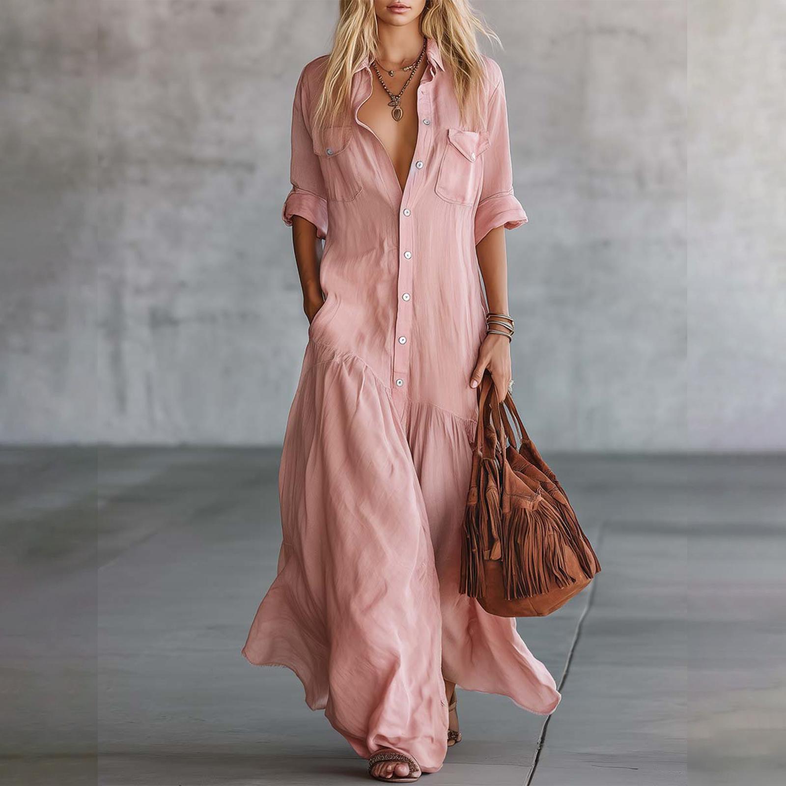 Ladies  Casual Long Shirt Collar Twisted Buckle Fashionable Patchwork Pocket Dress XL розовый