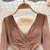 Women Casual Sleeve Long Neck V Solid Color Dress Waist High A Line Sheath Spring Elastic Mini