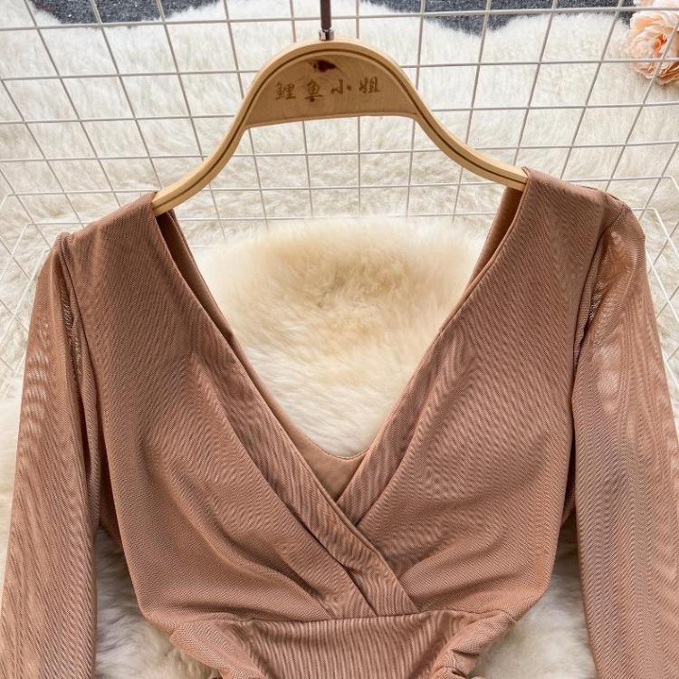 Women Casual Sleeve Long Neck V Solid Color Dress Waist High A Line Sheath Spring Elastic Mini