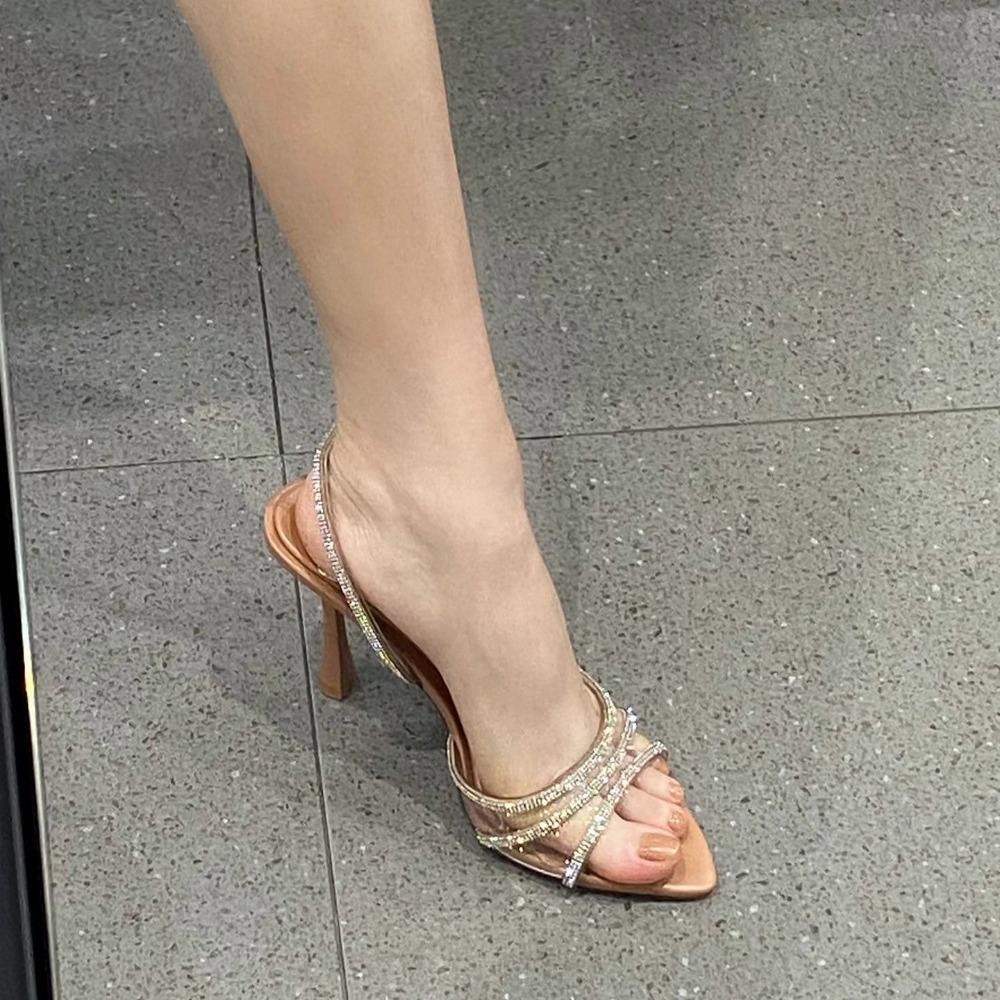 Fashion High Heels Sandals Women's 2025 Summer New Fairy Style Sexy Shallow Mouth Back Hollow Pointed Water Diamond Open Toe Sandals
