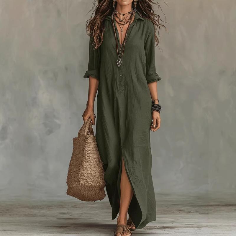 Sommerkleid Damen Umlegekragen Langarm Knopf Locker Maxi-Kleider Vintage Party-Hemdkleid A-Linie Strandkleid Boho