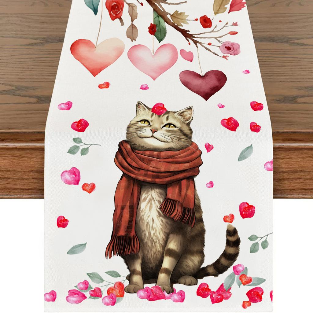 Amazon Valentine'S Day Table Flag Cartoon Cat Red Love Printed Tablecloth Restaurant Atmosphere Decoration