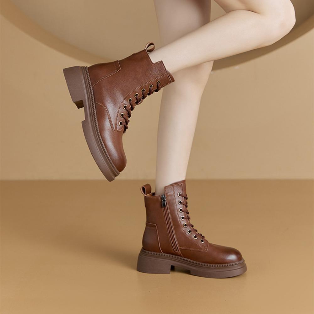 Retro Leather Boots for Women's Autumn Winter New Products Women Short Boots Thick Soled Lace Up Casual Womens Shoes Platform