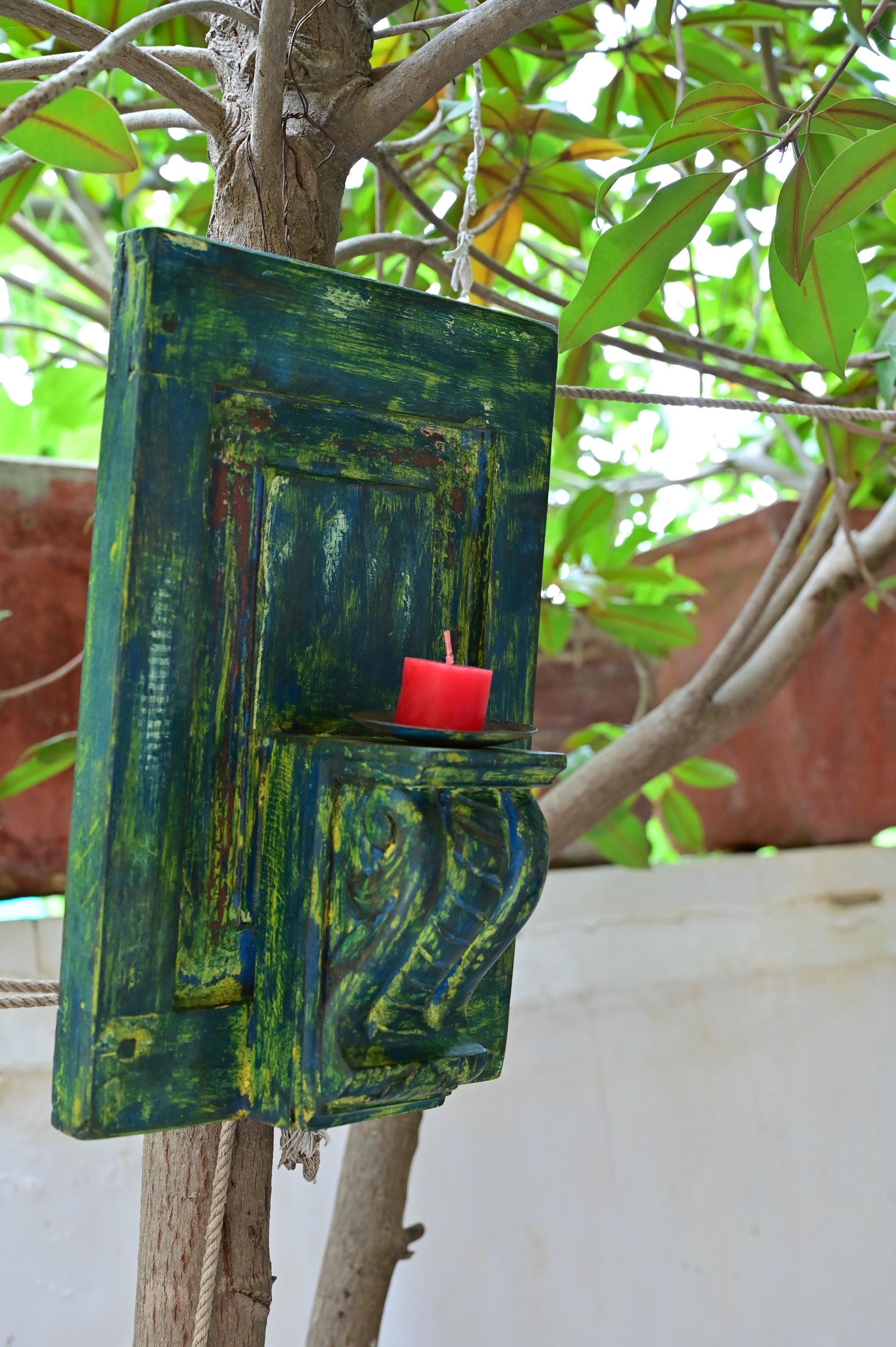 

Rustic Green Wood Candle Sconce: Hand-Painted Farmhouse Wall Decor 16” X 8” X 24” (l x w x h) разноцветный