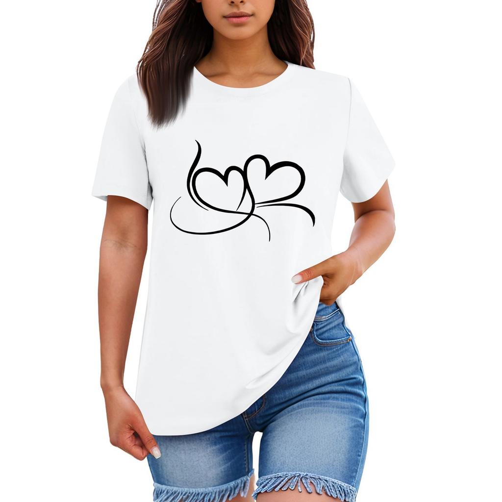 Ladies' Loose Comfortable Casual Fashionable  Heart Pattern Printed Round Neck Short Sleeved Shirt