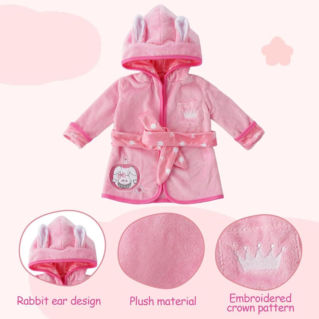 7 PCS Reborn Baby Doll Bathrobe Rabbit Pattern with Slippers and Bath Playset for 17-22 Inch Baby Doll Accessories with Mirror, Comb, Soap, and Bath