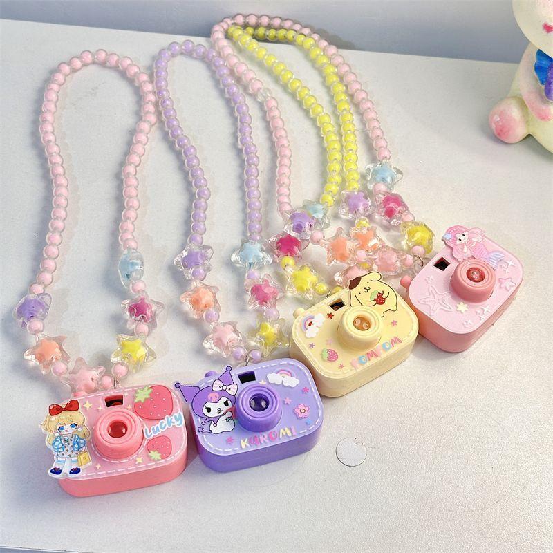2Pcs Cute Glowing Toy Cartoon Sanrio Kuromi Children Projection Camera Beaded Necklace Bracelet Jewelry Girl Birthday Gift