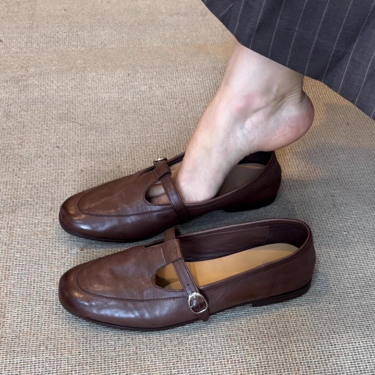 Женские винтажные туфли Мэри Джейн на веснуосень - Квадратный носок низкий вырез мягкие кожаные лоферы повседневная обувь в британском стиле 37 коричневый 960₽