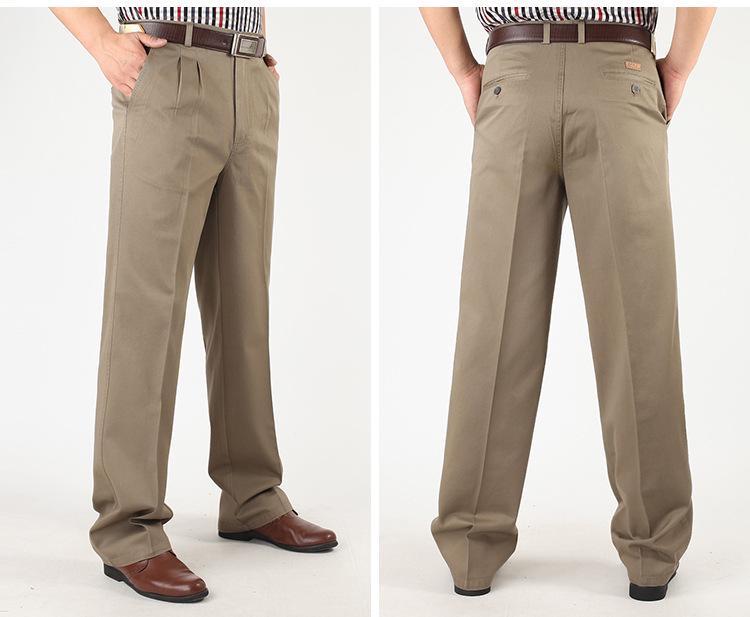 Dad's Pants Men's High Waist Cotton Double Pleated Loose Fit Pants for Spring & Autumn