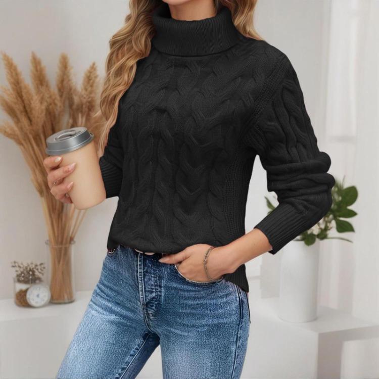 Warm Oversized Cable Knit Sweater Women Turtleneck Pullover Solid Color Thick Slim Fit Long Sleeve