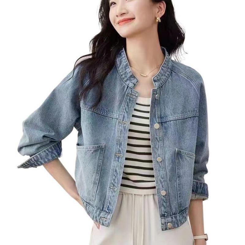 Women's Retro Washed Denim Jacket 2025 - Stand-Up Collar, Petite Long Sleeve, Autumn/Winter Top