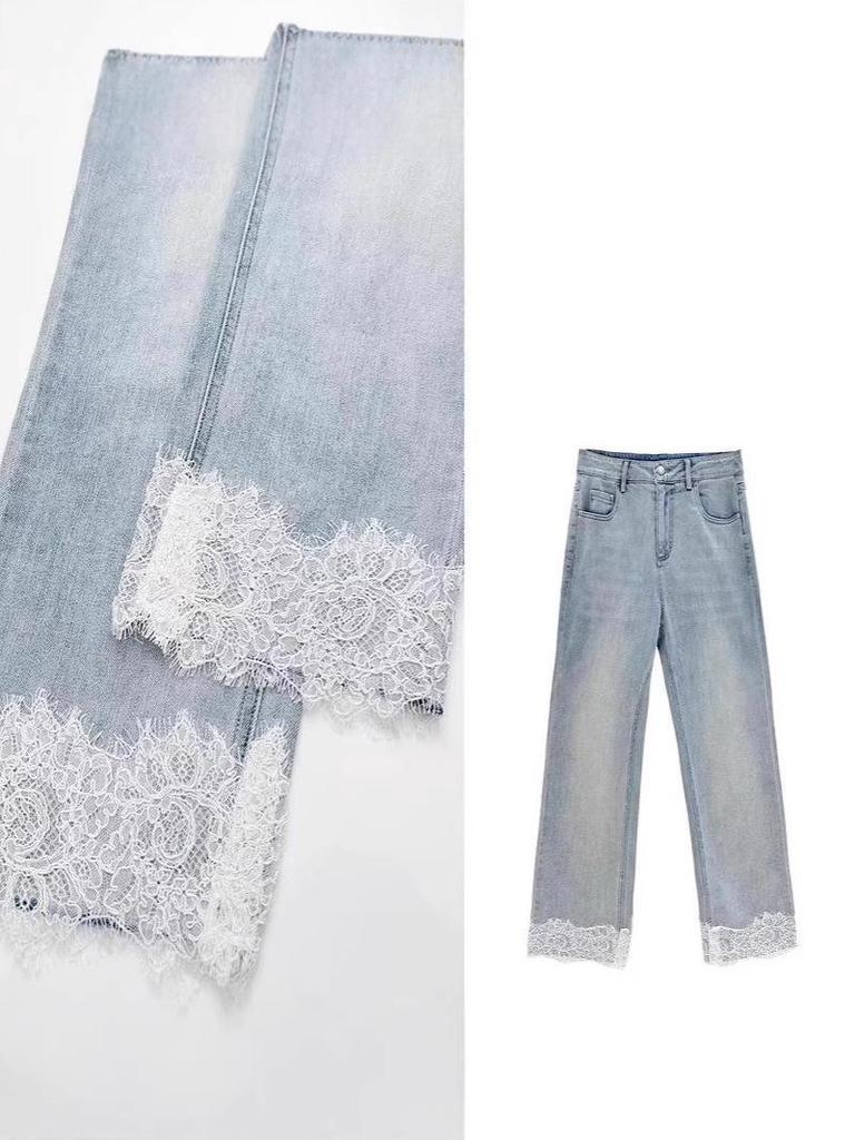 Lace Trim High Waist Wide Leg Cropped Jeans - Autumn 2025 Fashion