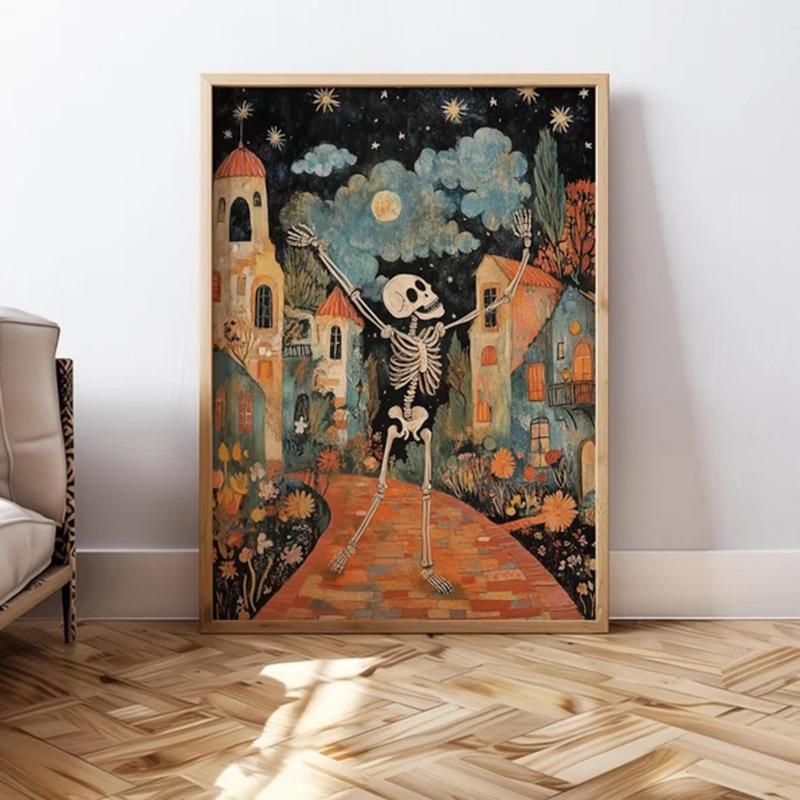 Halloween Skeleton Frameless Cavans Poster Vintage Skeleton Poster Spooky Wall Art Print Halloween Painting Trendy Gallery Print 21X30CMNo Framed