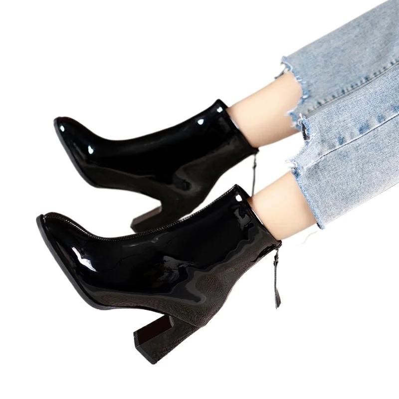 Podzim Zima Kotníkové boty Dámské Kozačky na vysokém podpatku Móda Krátké kozačky na silném podpatku Hranaté boty Móda Černé boty 2024