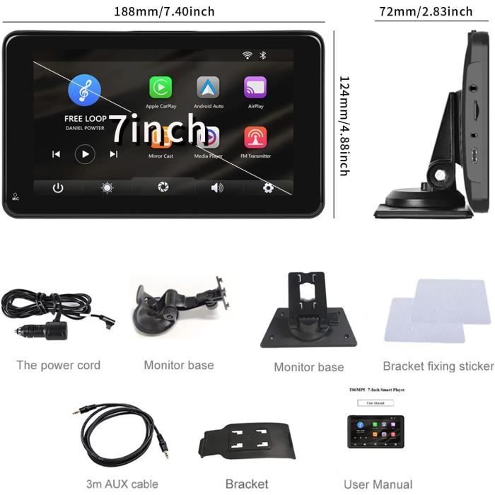 Radio Voiture Tactile 7" avec CarPlay, Android Auto, MirrorLink et Support Debout-Ventouse Bluetooth intégré, Compatible DC 7-32V