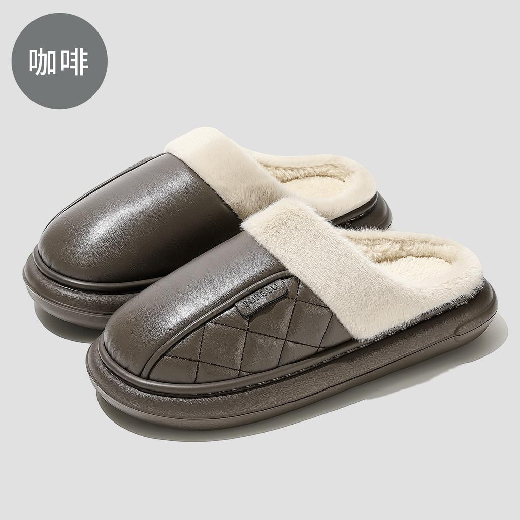Pu cotton slippers winter waterproof indoor home household plush warm non-slip bedroom winter cotton shoes
