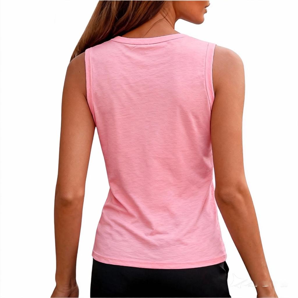 Women's Round Neck, Stylish And Casual, Solid Color, Cotton-like Sleeveless Top.
