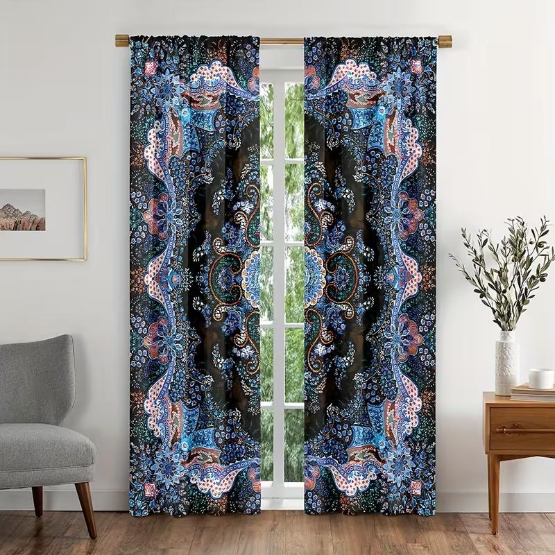 

2pc Ink Blue Paisley Curtains, French Classical Style, Suitable for Bedrooms & Living Rooms, Rod Pocket Decorative Curtains 24x59in(60x150CM)x2&Rod Pocket