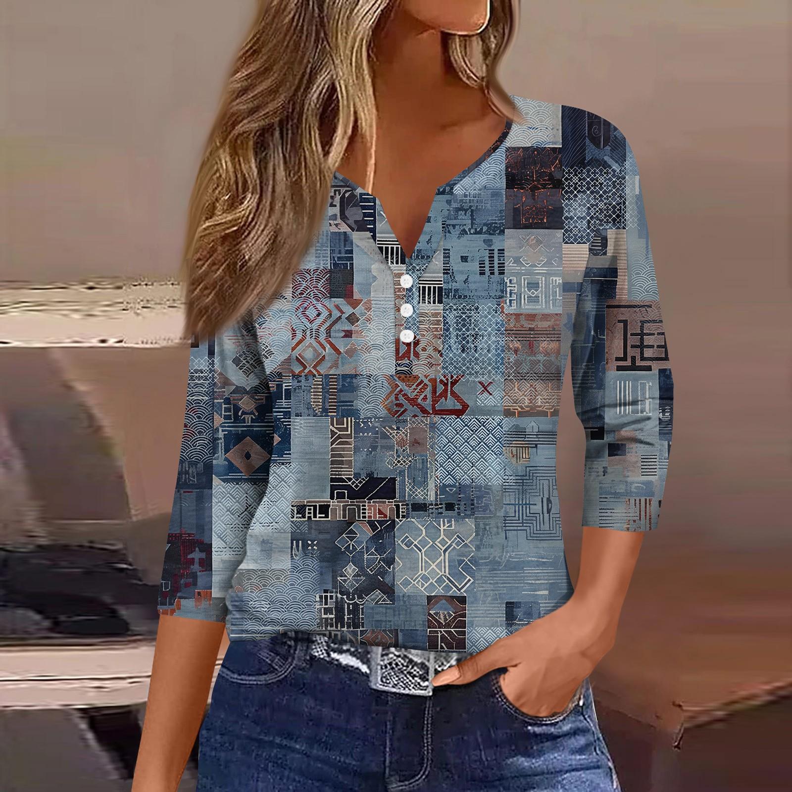 Жен. Футболка Футболка С принтом Пуговицы Рукав 3/4Ежедневно Выходные Мода Классический — фото 10