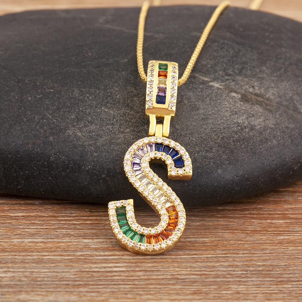 Nidin Simple Fashion 26 A-Z Letters Alphabet Rainbow Cubic Zirconia Pendant Necklace For Women Men Hip-Hop Style Copper Jewelry