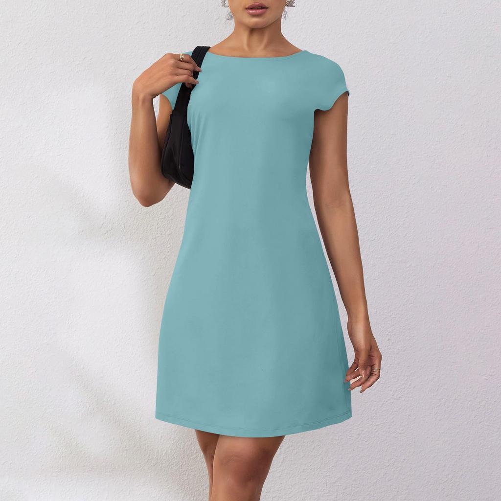 Women's Summer Casual Backless Cap Sleeve T Shirt Dress Round Neck Party Dresses