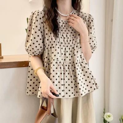 Chemise en coton et lin à manches bouffantes et pois en forme de A, vêtements d'été pour femmes, nouveaux vêtements pour femmes européennes, chemise de style étranger