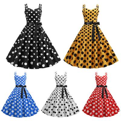 Women Dress Retro A-line Big Swing Tight High Waist Bow Decor Sleeveless V Neck Back Zipper Dot Print Contrast Party Prom Ball Gown Summer Midi Dress