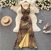 Dress Summer New Style Retro Leopard Print Sexy V-neck Drape Slim Long Split Suspender Dresses