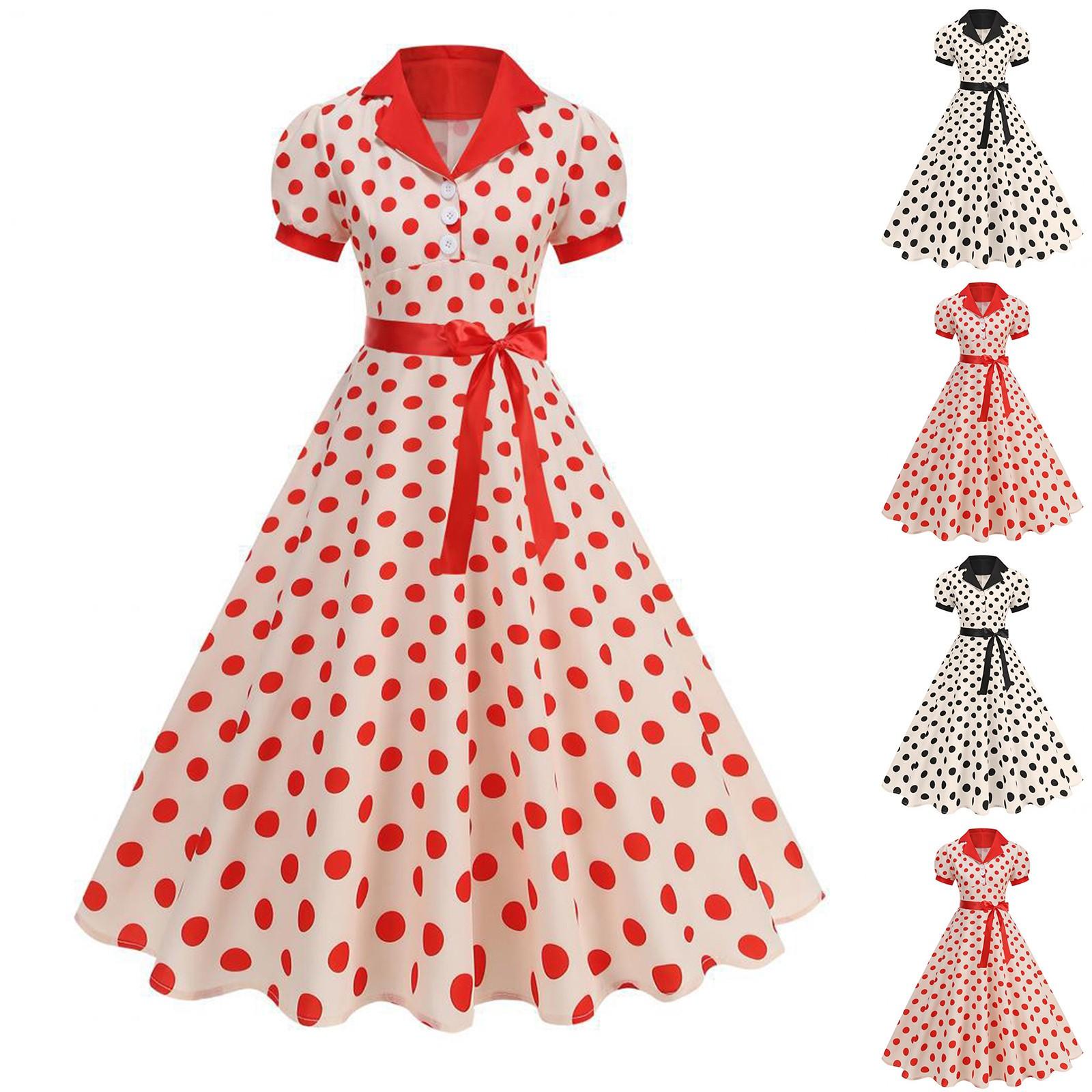 

Women s Polka Dot Shirt Collar French Retro Dress XL червоний