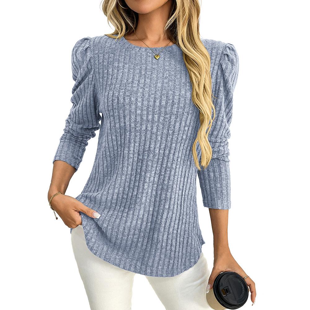 Women Solid Crew Neck Puff Sleeve Long Sleeve Brushed Striped T Shirt Top