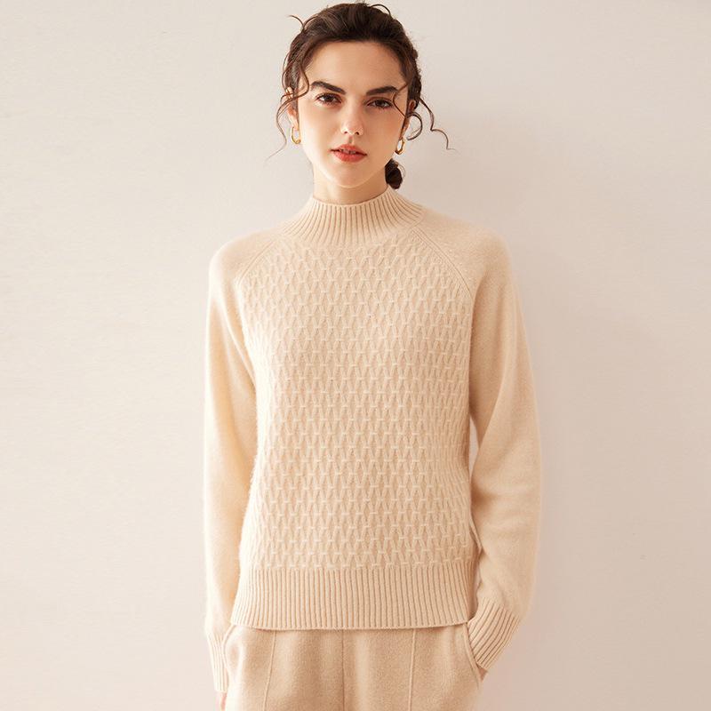 Women's Cashmere Cable Knit Sweater - Loose Fit, Double-Strand, Half-High Collar, Solid Color, Short Style, Perfect for Autumn and Winter