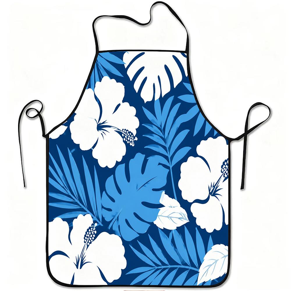 1pc Tropical Blue Hibiscus Leaf Print Apron with Adjustable Waistband - Durable Polyester Suitable for Cooking, Gardening, Picking, Christmas & Hallow