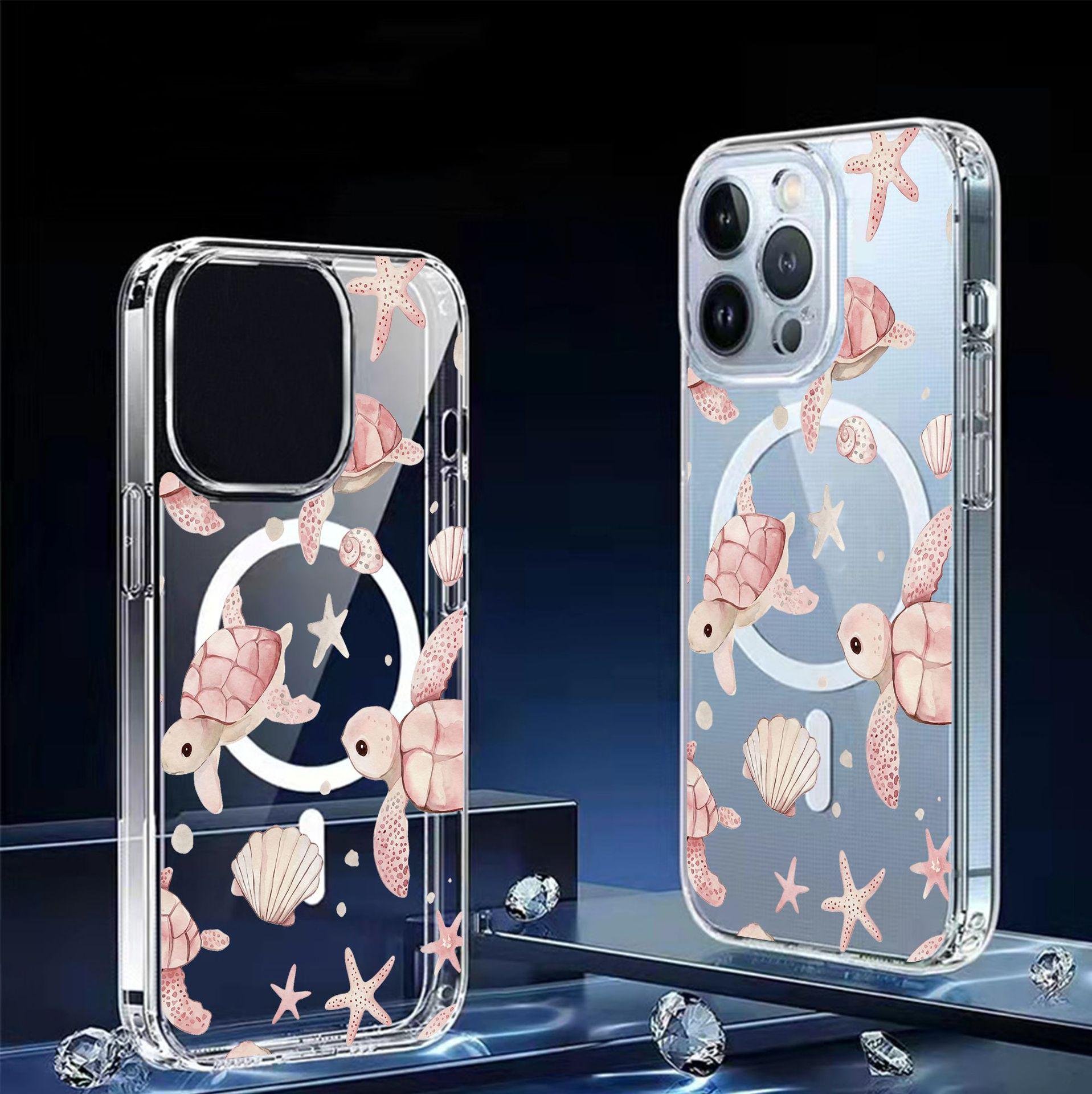 

Pink Sea Turtle Magnetic Transparent Case for iPhone 15/16/17 Pro Max - Full Coverage Protection Galaxy S24 FE прозорий