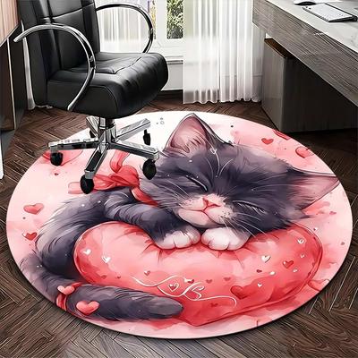 1 db Anime mintás Kerek Szőnyeg Aranyos Macska Szívnyomattal, Irodaszék Alátét, Csúszásmentes Szőnyeg Otthoni Dekorációhoz