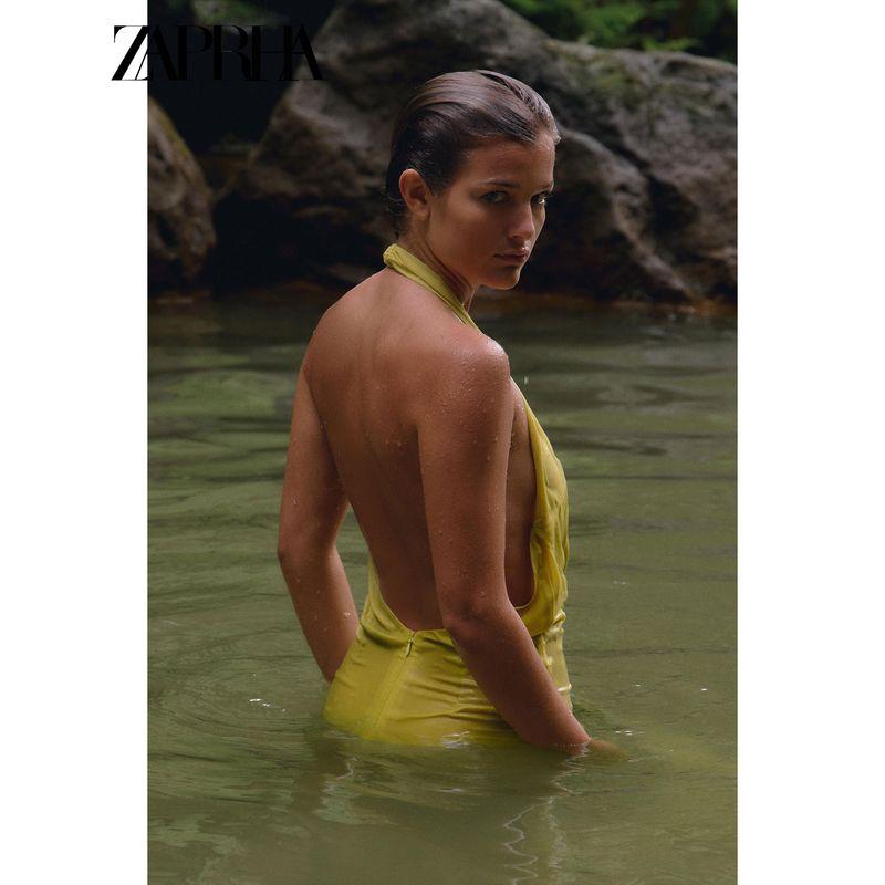 Zaprha 2025 Summer New Trendy Fashion Backless Print Knot Hanging Collar Length Dress 8030363