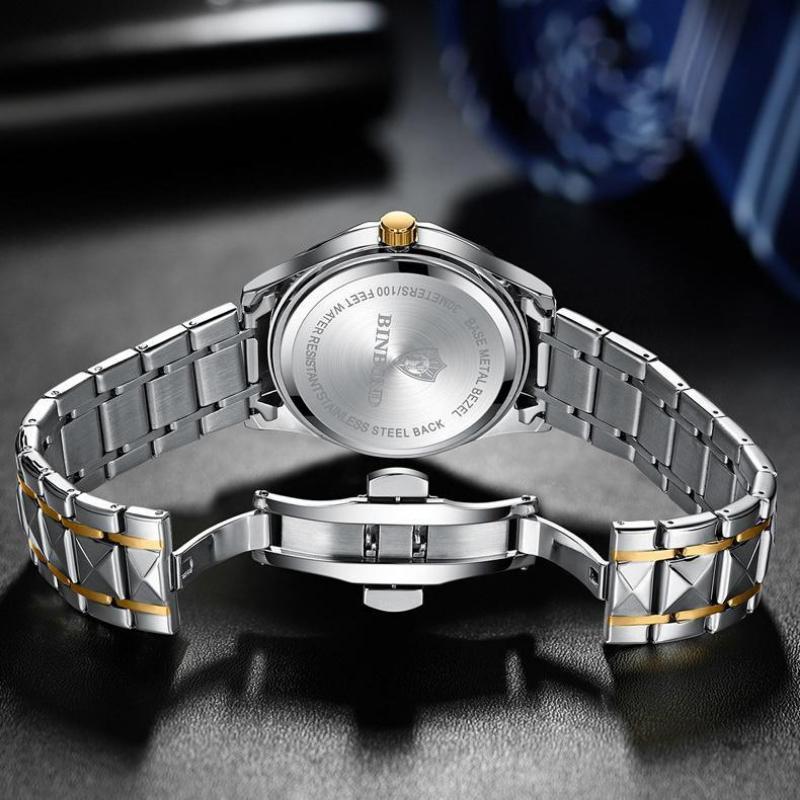 BINBOND Fashion Quartz Watch Ultra Thin Diamond Business Gold Watches Rhombic Three Dimensional Design Stainless Steel Luminous Watches with Gift Box